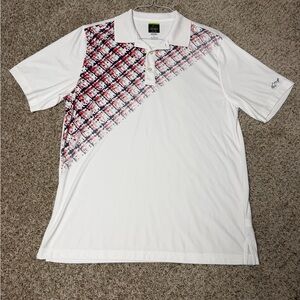 Greg Norman Tasso Elba White Short-Sleeve Polo with Red & Blue Pixel Pattern